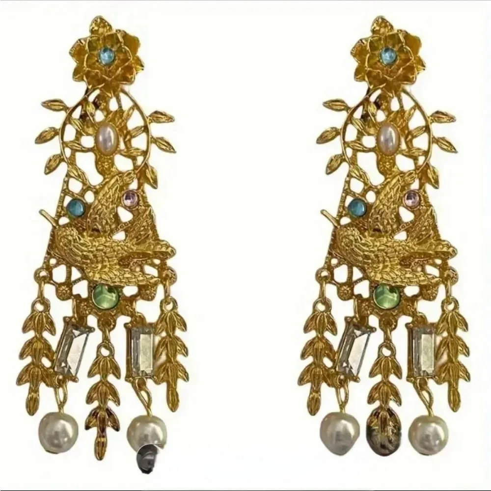 Elegant Gold and Pearl Bird Earrings